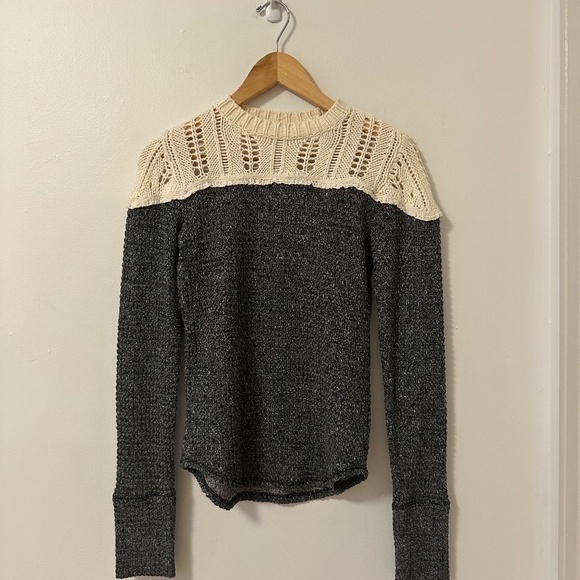 Free People Pointelle and Thermal Colorblock Top in Gray and Cream | Size Small - Picture 2 of 8